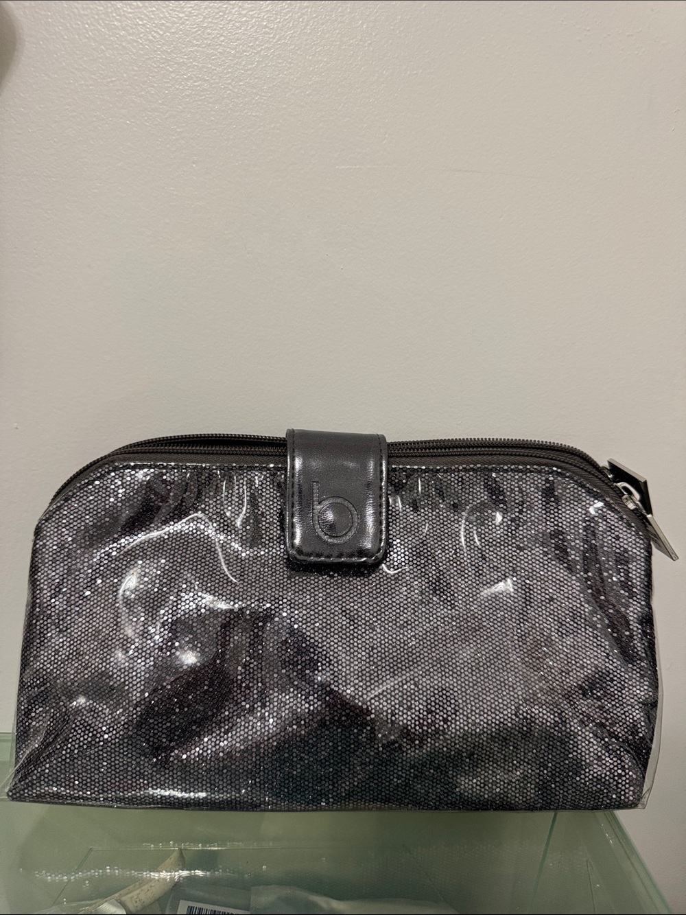 Bloomingdales Black and Silver Metallic Cosmetic Case Pouch New